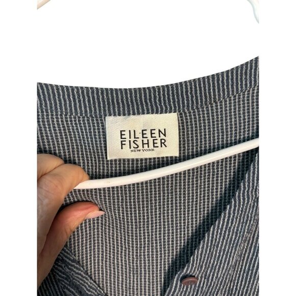 Eileen Fisher Womens Striped Button-Front V-Neck Long Sleeve Top M Rayon Gray/Wh - Picture 3 of 5